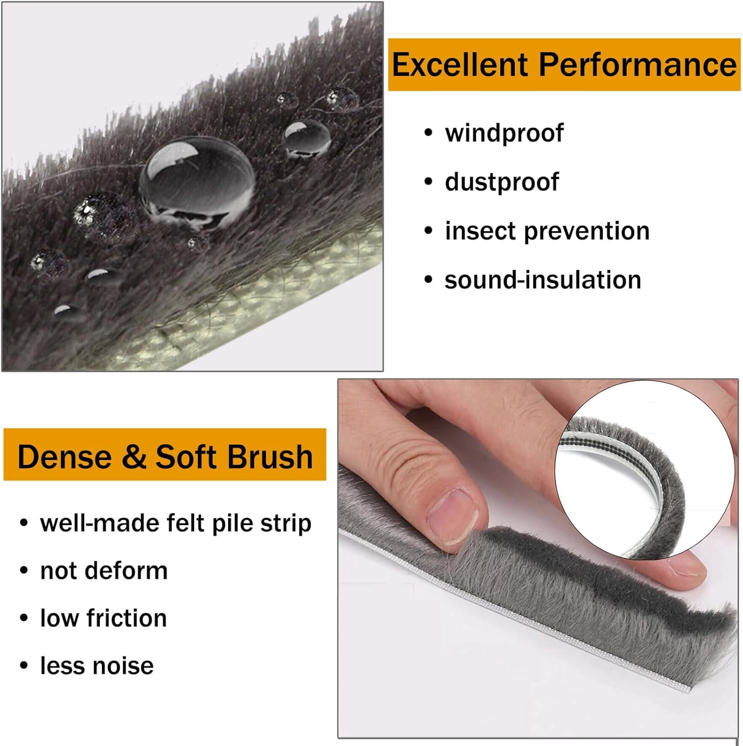 FRKSMD-Weather Stripping 0.35" Width x 0.2" Thick x 16.4 ft Length with Adhesive Backing, Felt Pile Brush Weather Stripping for Window Door Seal Strip, Gray