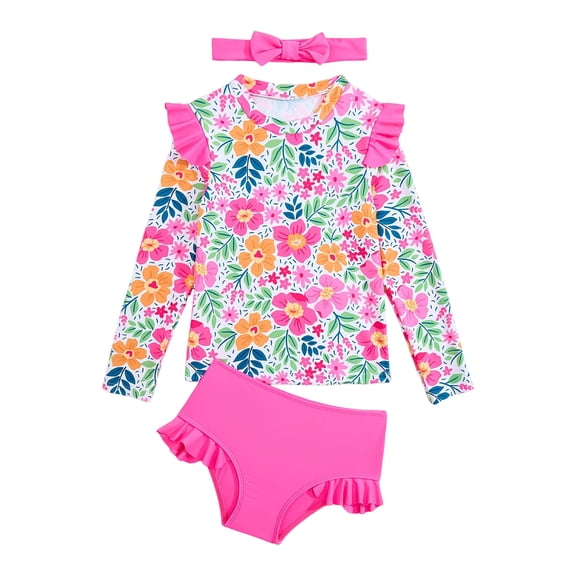 XZNPDUCQ Comfortable And Soft Two Piece Swimsuit For Girls With Headband Flowers Sun Long Sleeved Swimsuit For Toddlers Swimming Suit For Girls 4-5 Years Hot Pink