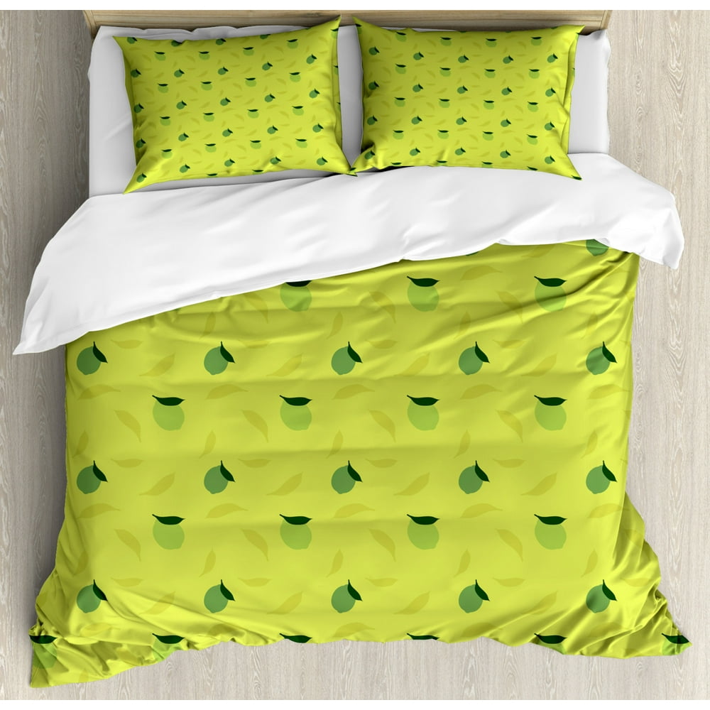 Lime Duvet Cover Set King Size, Silhouette of Citrus Fruit with Leaf