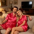 thumbnail image 5 of Garbnen Silk Matching Pajama Sets for Couples 2 Piece Short Sleeve Button Down Sleepwear Pjs Shorts Set Satin Loungewear for Women 2 Piece Set Red XL, 5 of 8