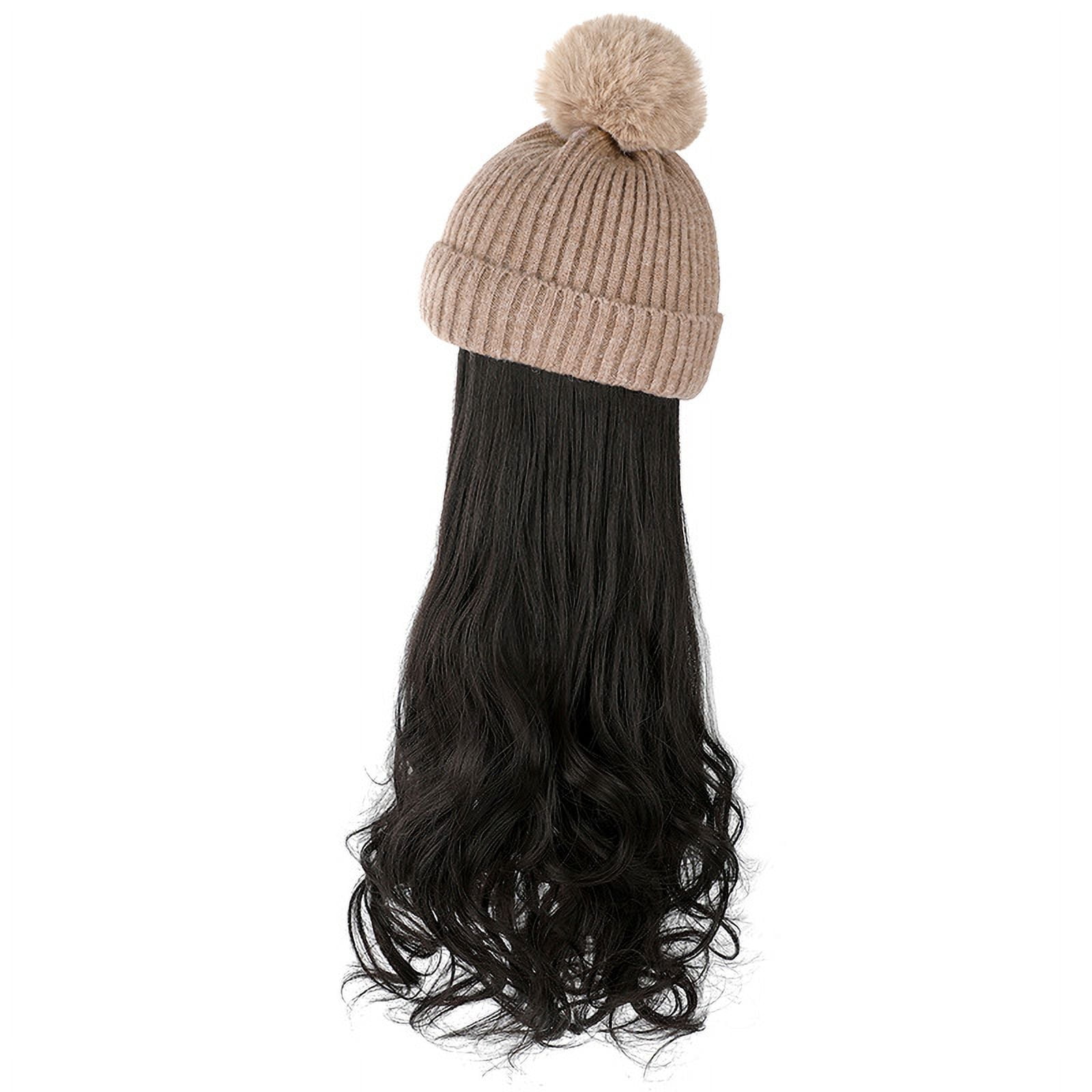 Beanie Hat Knit with Long Wavy Curly Hair Extensions Wig Dismountable Warm Knitted Pom Cap Attached 20inch Synthetic Hairpiece for Women Winter