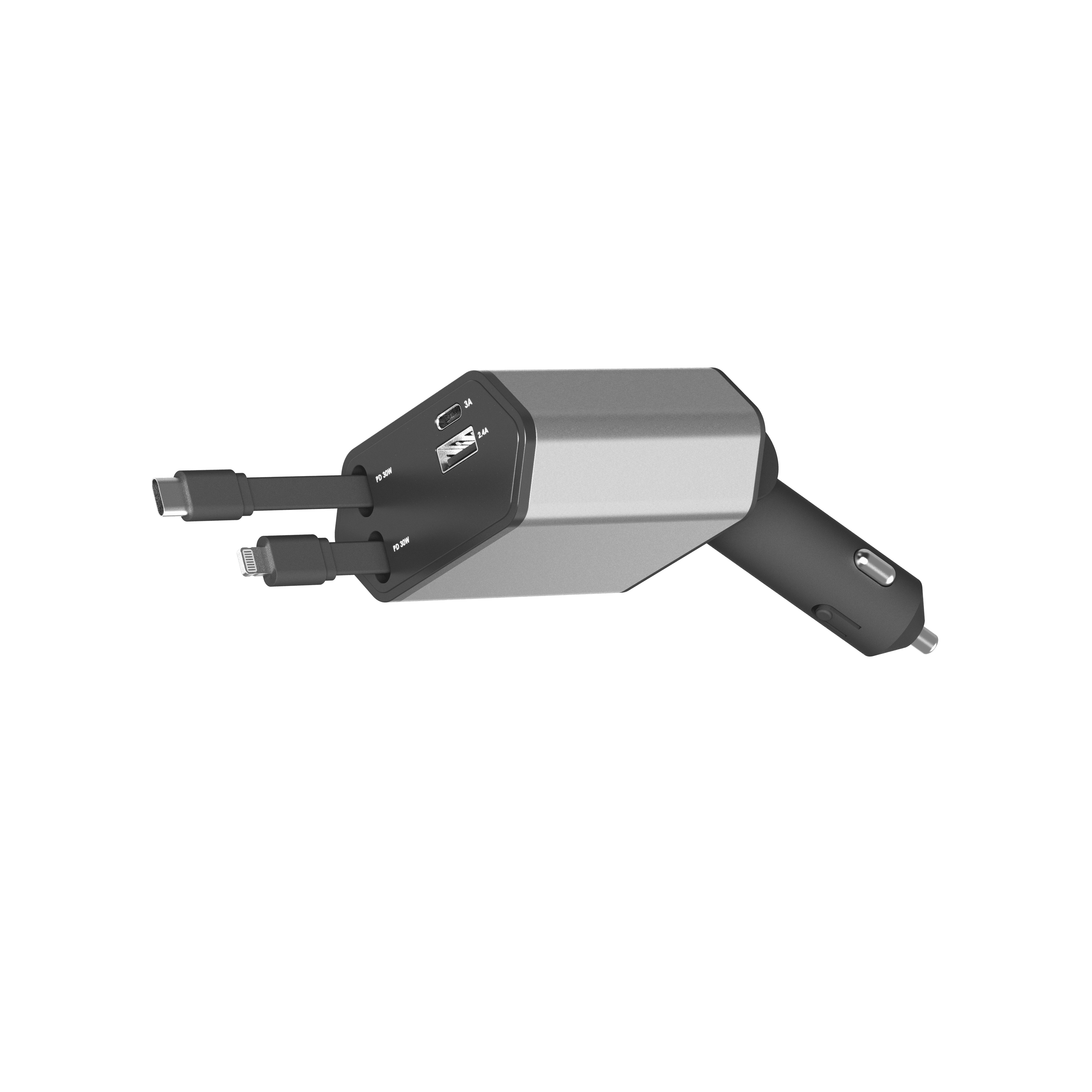 ZSOU 4-in-1 Retractable Car Charger with USB-C and Lightning Cables, Dual USB Ports