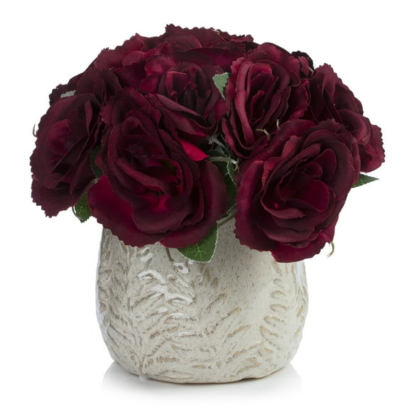 Enova Home Artificial Velvet Roses Faux Silk Flowers in Round Tapered Ceramic Pot for Home Office Wedding Decoration (Burgundy)