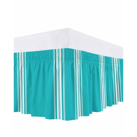 Farmhouse Aqua Bed Skirt Queen Size 18 Inch Drop, White Stripe Wrap Around Dust Ruffle Bedskirts, Wrinkle & Fade Resistant Easy Fit Bedskirt with Adjustable Elastic