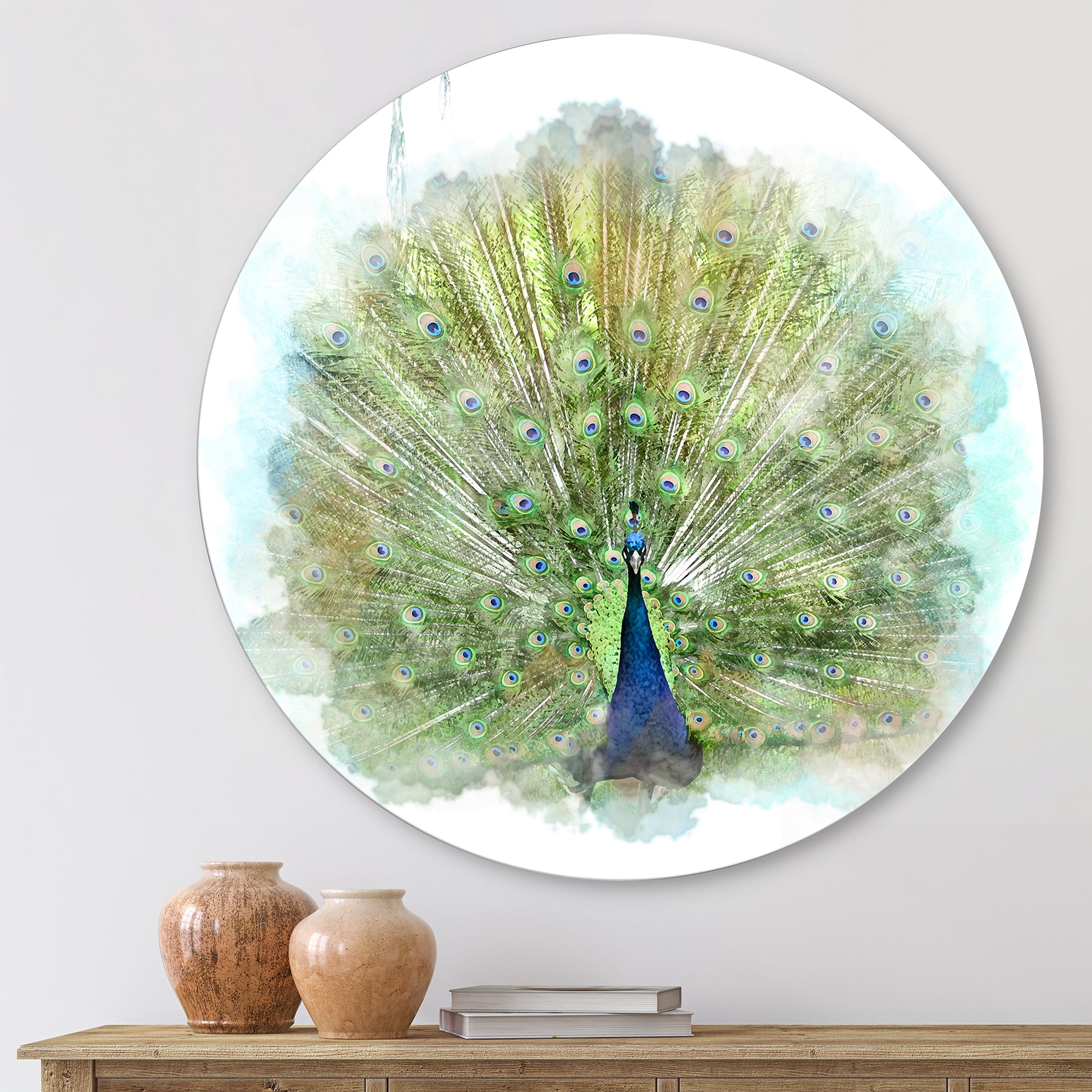Designart 'Dancing Peacock Bird' Traditional Circle Metal Wall Art 11x11 - Disc of 11
