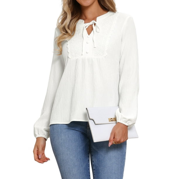 Blusas de encaje de manga larga para mujeres, elegantes y casuales, camisetas de trabajo, tops XS, blancas