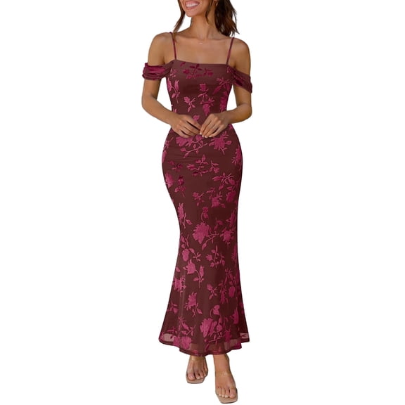 Merokeety Womens Summer Dresses Off The Shoulder Spaghetti Strap Floral Mesh Formal Party Maxi Dress Wine l