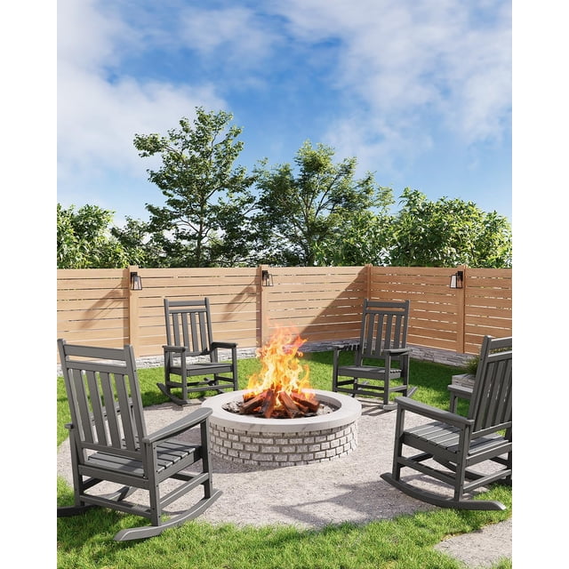 Patio Furniture Poly Lumber Rocking Chair Outdoor Set of 4 HDPE High Back Porch Rocker Chairs for Adults All Weather Resistant Furniture for Patio Gray