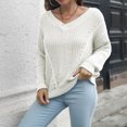thumbnail image 2 of Lilgiuy Women's Hollow V-neck Sweater Women's Loose Autumn And Winter Long-sleeved European And American Knitted Sweaters New,White,8(M) Fall for 2022 Spring Winter, 2 of 5