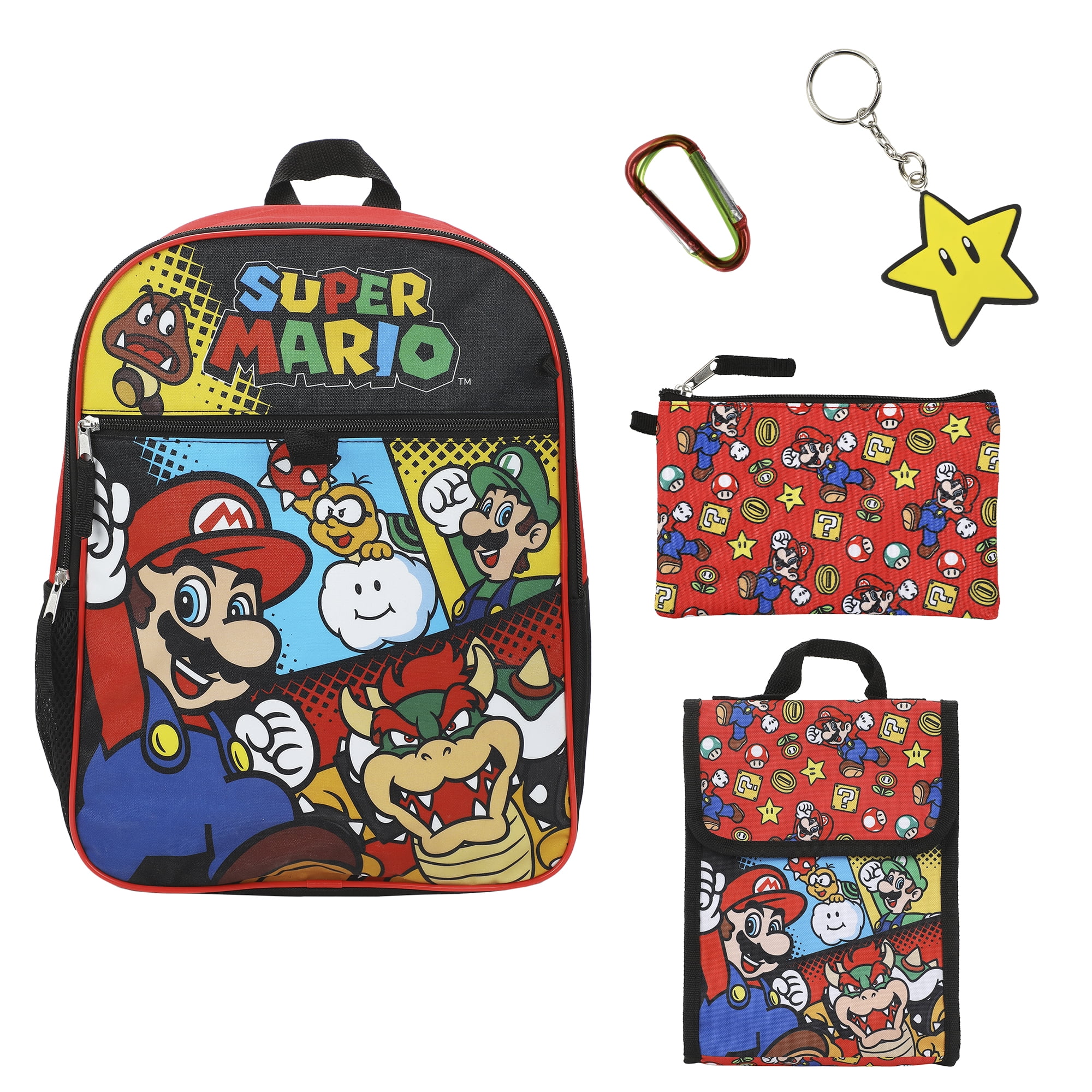 Ensemble De 5 Pièces Super Mario Avec Sac À Dos 16", Sac À Lunch, Trousse, Porte-Clés Et Mousqueton