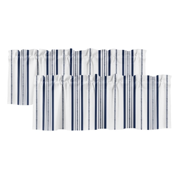 Navy Blue Vertical Stripes Curtain Valances for Windows, Kitchen Valance Window Treatments Panel 2 Pack, Geometric Farmhouse Striped Rod Pocket Short Curtains for Bathroom Bedroom 42 x 12 Inch