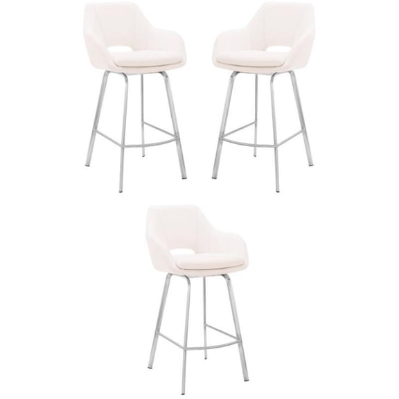 Home Square 3 Piece Faux leather/Stainless Steel 26"H Barstool Set in White