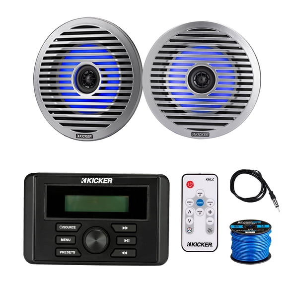 Kicker 46KMC3 Marine Gauge Style USB Bluetooth AM/FM Receiver, 2x 6.5" 130 Watt Peak Thin-Mount Multicolor LED Boat Audio Speakers with 2x White Grilles, 2x Silver Grilles, Wire, Antenna, LED Remote