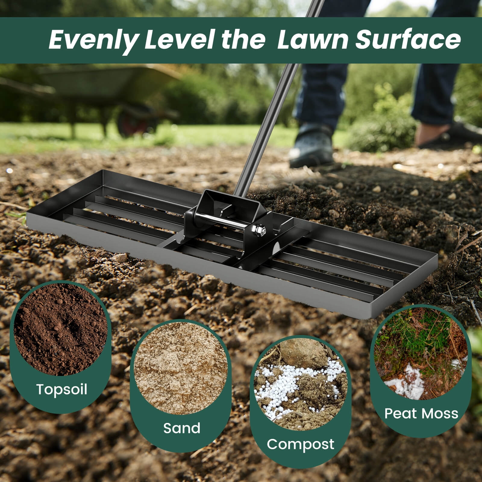 Costway Lawn Leveling Rake 30" x 10" Heavy Duty Level Lawn Tool for Garden Backyard/Lawn Black