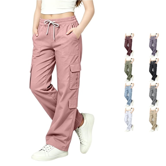 OSOLU Girls Pants Drawstring Elastic Waist Multi Cargo Pockets Straight Leg Casual Trousers Pink