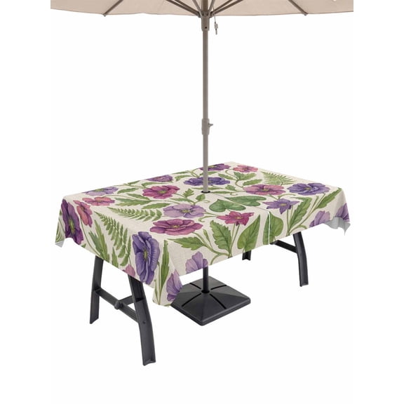Outdoor Tablecloth with Umbrella Hole for Patio/Picnic/Party/Camping, Purple Green Botanical Waterproof Table Cloth Rectangle Table Cover Washable, Spring Floral Summer Rustic (60"x 84")