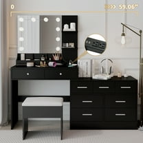 Tcbosik Vanity Desk with Mirror and Lights, Makeup Table with Charging Station and Cushioned Stool, Dressing Table with Open Shelves, 3 Compartments and 9 Drawers for Bedroom, Black
