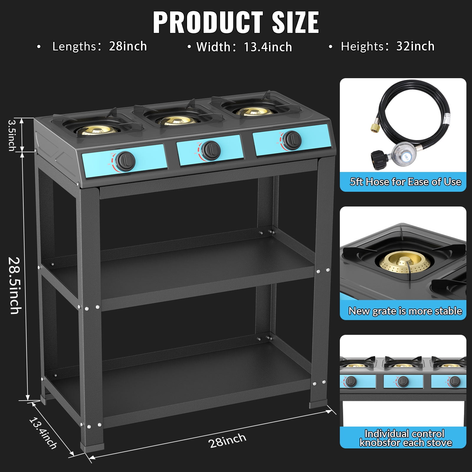 Propane Gas Stove-40000BTU Portable Gas Stove, with Removable Leg,Auto Ignition Camping Stove,3 Burner Propane Burner for RV, Apartment, Outdoor