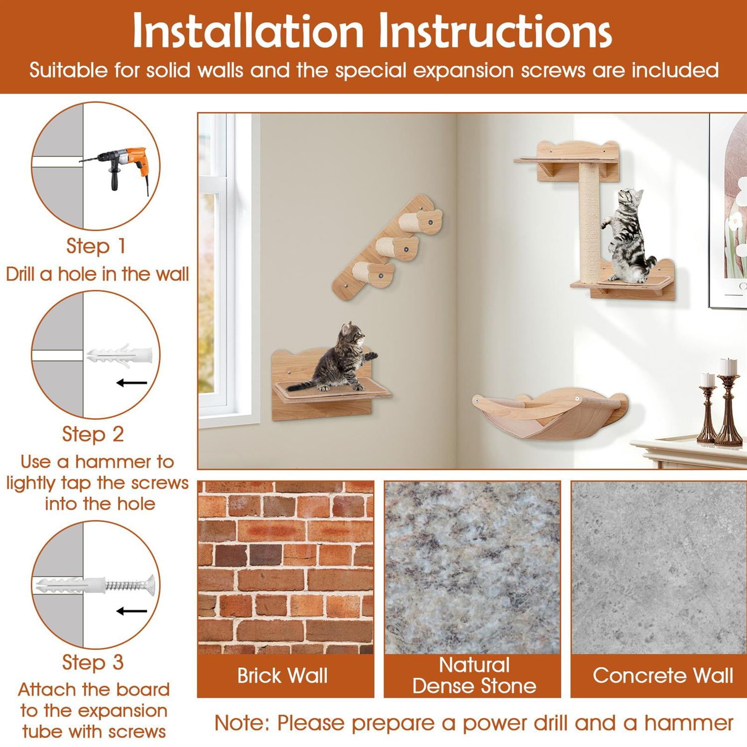 Pefilos Cat Wall Furniture Set of 4, Hammock & 2-Step Cat Tree, Perch & Solid Plywood, Natural (Brown)