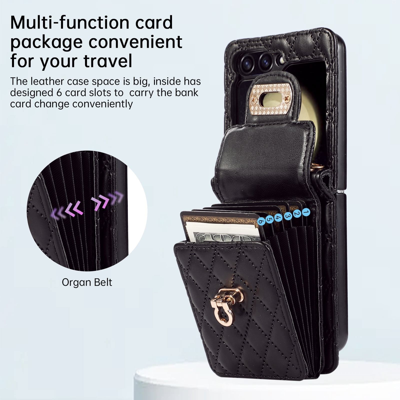 Decase For Samsung Galaxy Z Flip 5 5G Leather Wallet Case, PU Leather Shockproof Case with Crossbody Strap, Back Built in Stand Wallet Credit Card Holder Slots Phone Cover,Black