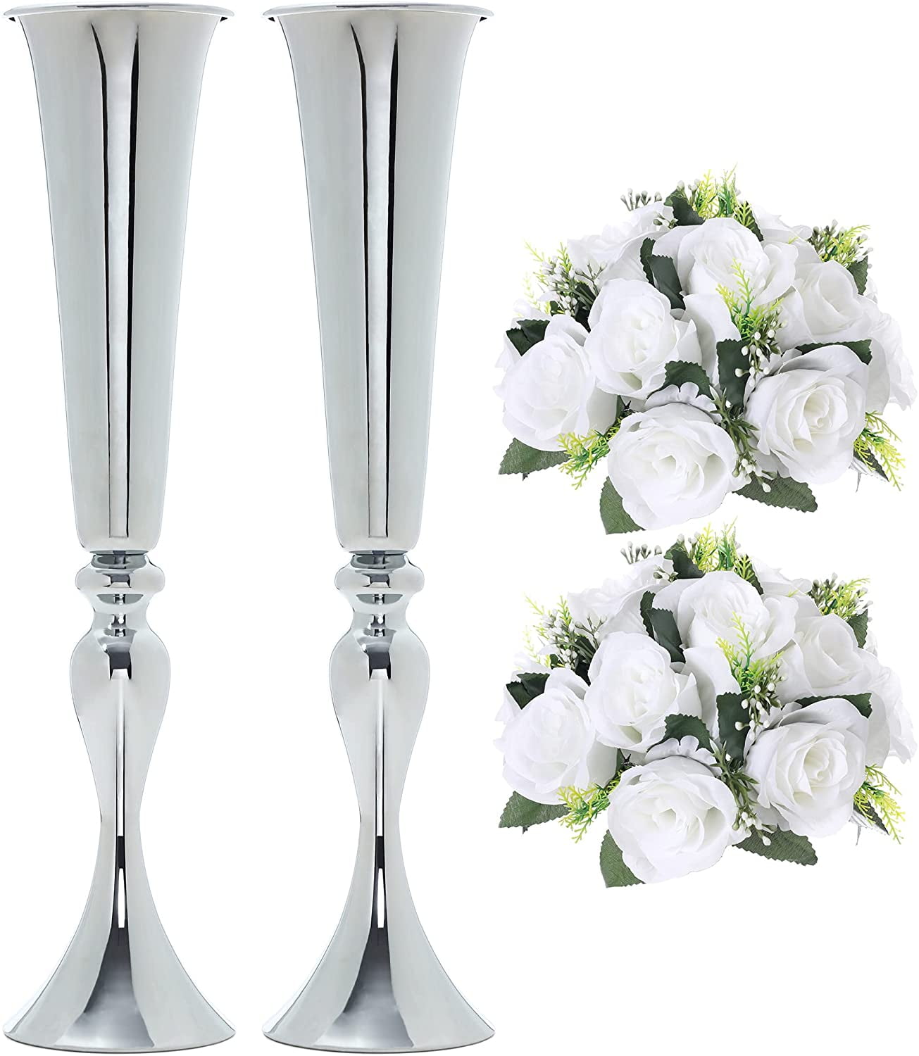 2 Pcs Metal Flower Holder and 2 Pcs Artificial Flower Set for Home Event Decoration White