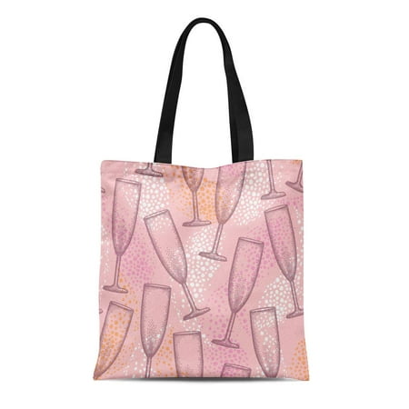 LADDKE Canvas Tote Bag Dotted Champagne Glass Flute and Drop Pink Pattern Durable Reusable Shopping Shoulder Grocery