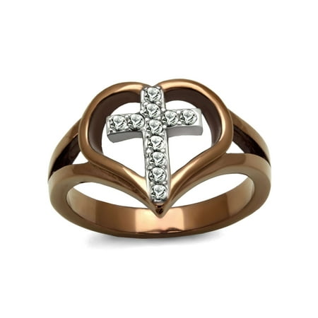 Waterford Crystal Crystal Cross Top Grade Crystal Cross in Heart Two-Tone Light Coffee IP Stainless Steel Ring - Size 5 ()