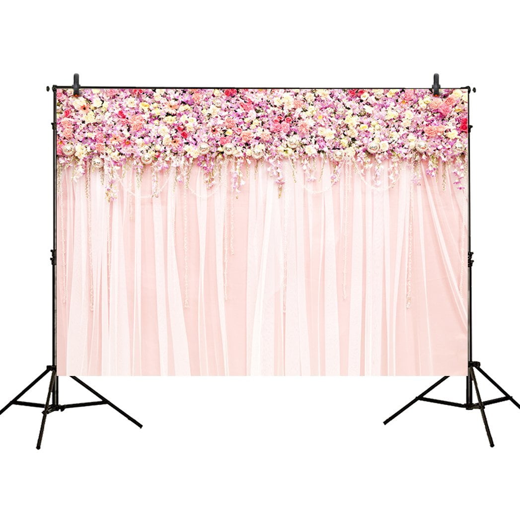 Muzi 8x8ft Rose Flowers Wall Photo Backdrop Pink Lace Curtain Background Wallpaper Home Decor for Baby Birthday Party D-9354 