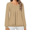 thumbnail image 2 of Women's Casual Long Sleeve Loose Fit Round Neck Top Shirt Blouse Solid Color Pleated Design Soft Fabric for Work Office Business Casual Daily Wear Fashion Essential Gift | CSEONE,Khaki XL, 2 of 9