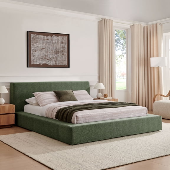 Luma Chenille Upholstered Queen Platform Bed Frame in Eucalyptus
