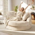 thumbnail image 3 of Muumblus 61" Oversized Round Boneless Lounge Chaise Chair Indoor, Corduroy Deep Seat Cloud Couch Sleeper Sofa Bed with 3 Pillows, No Assembly Barrel Chair for Living Room, Beige, 3 of 9