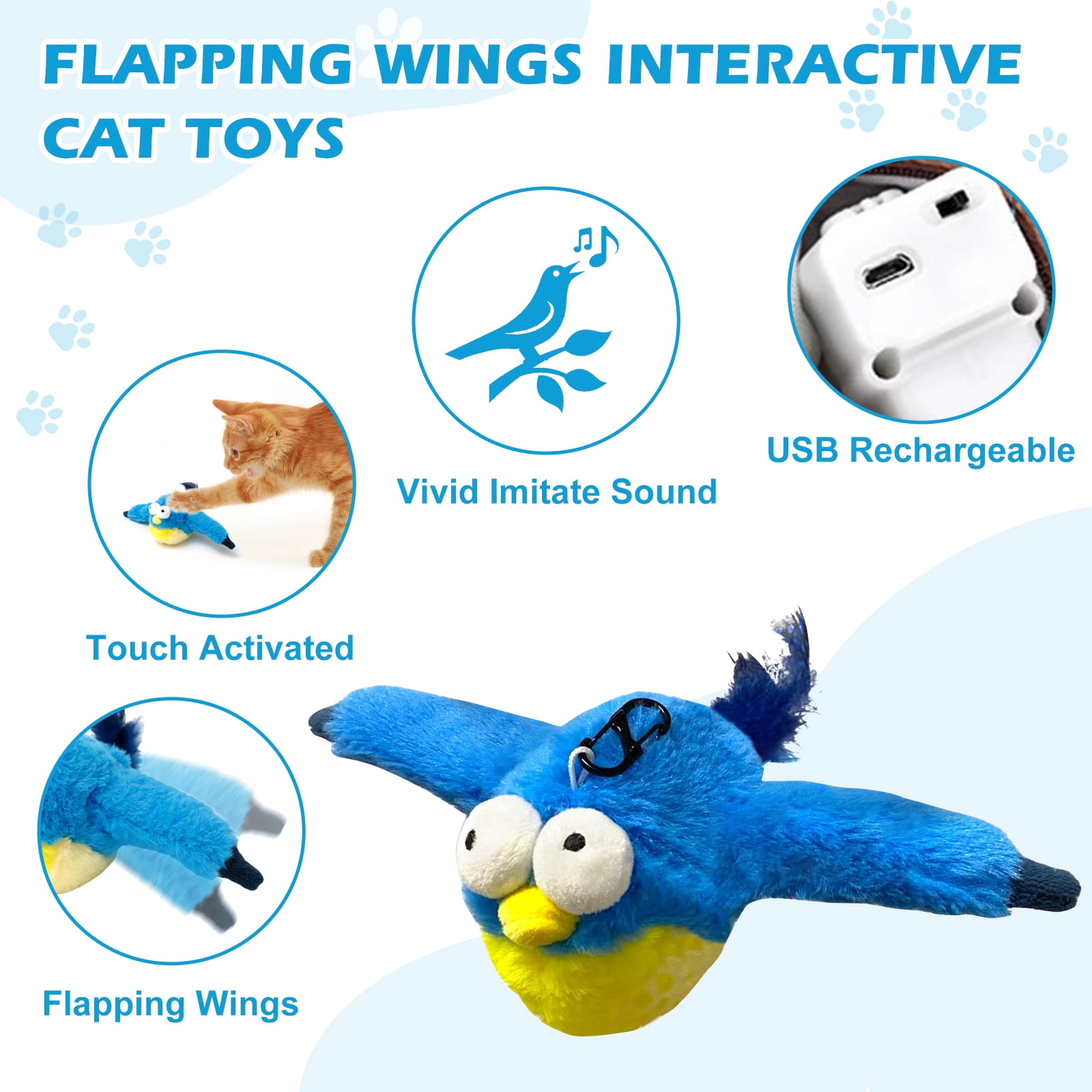 Risehigh Cat Toys for Indoor Cats Interactive Flapping Chirping Bird Kitten Toy Touch Activated Rechargeable Automatic with Catnip