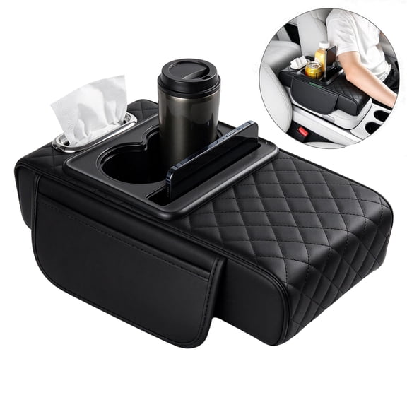 Center Console Organizer, 4-in-1 Multi-Functional Car Armrest Storage Box, with Booster Pad, Cup Holder, Tissue Slot & Phone Holder, Universal Fit for Vehicles