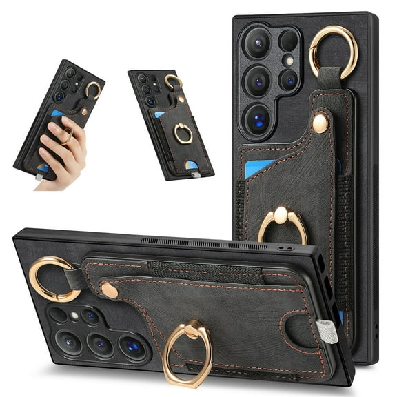 SaniMore for Samsung Galaxy S24 Ultra Case, Card Slots [Up to 2] Carabiner Finger Ring Stand Magnetic Car Mount PU Leather Skin Soft Shockproof TPU Anti-drop Anti-scratch Wallet Shell - Black