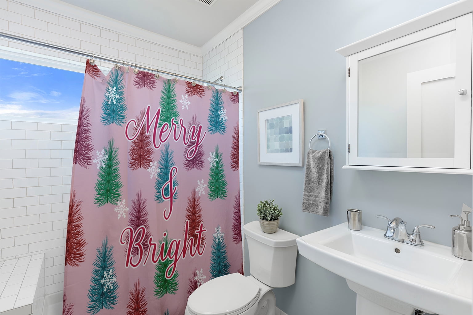 Simply Daisy 70" W x 73" L Merry and Bright Polyester Shower Curtain, Light Pink [1 Ct]