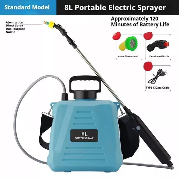 Battery Powered Garden Sprayer 2 Gallon, Powerful Electric Backpack Sprayer, Weed Yard Lawn Sprayer with 5 Mist Nozzles & Retractable Wand & Adjustable Strap for Lawn, Garden, Yard, Blue