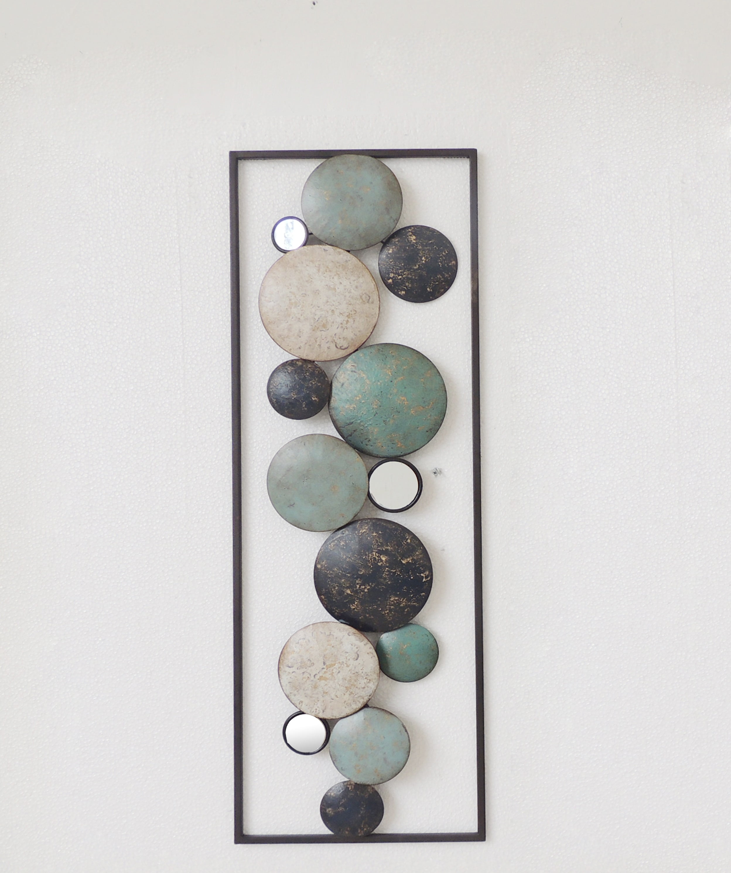 All American Collection New Modern Chic Aluminum/Metal Wall Decor with Frame 12x36 Aqua/Grey/Beige Circles 