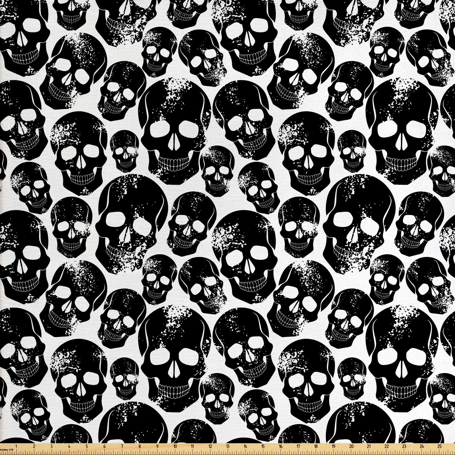 Gothic Fabric by The Yard, Grunge Black Human Skulls on White Backdrop