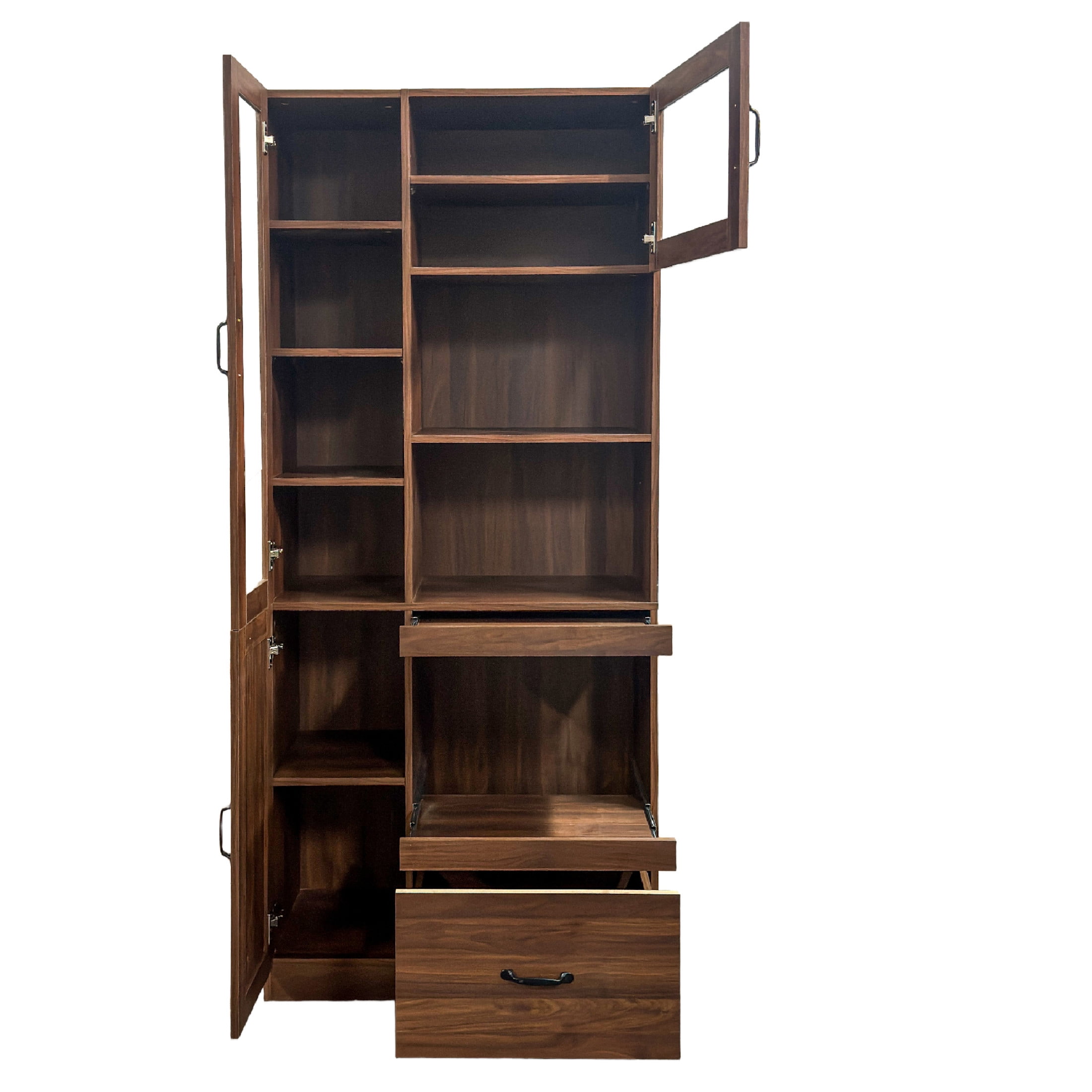 Noble House Oprah Farmhouse Kitchen Hutch Cabinet with Microwave Stand, Coffee Bar Buffet Sideboard with Hooks, Walnut