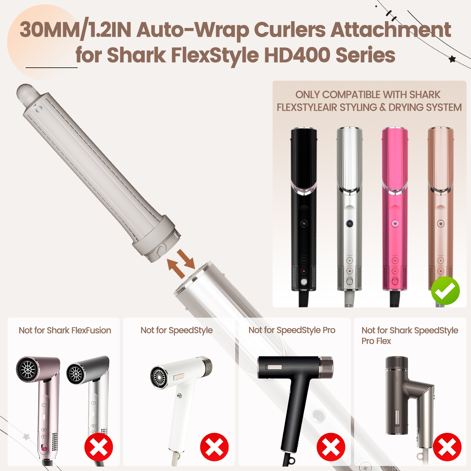 AFDD 30MM Long Hair Curling Barrel Attachment compatible with Shark FlexStyle 1.2Inch Wide Extra Automatic Curling Attachment with Both Directions for Voluminous Curls
