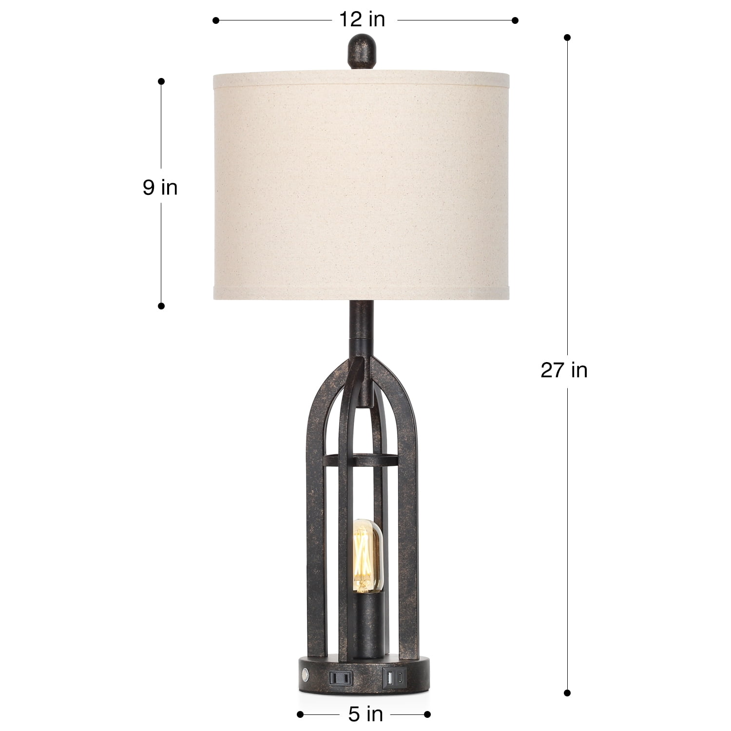 Cinkeda Table Lamps for Living Room Bedroom Set of 2 with USB A+C Ports AC Outlet Nightlight Industrial Gold 3 Way Dimmable Touch Control Bedside Nightstand Lamp