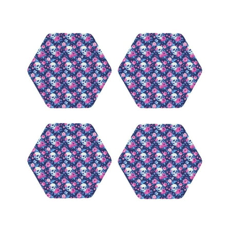 

Junzan Skull Flower Print Coasters for Drinks - Leather Coasters Set of 4 for Coffee Table for Housewarming/Kitchen/Bar/Decor-Hexagon
