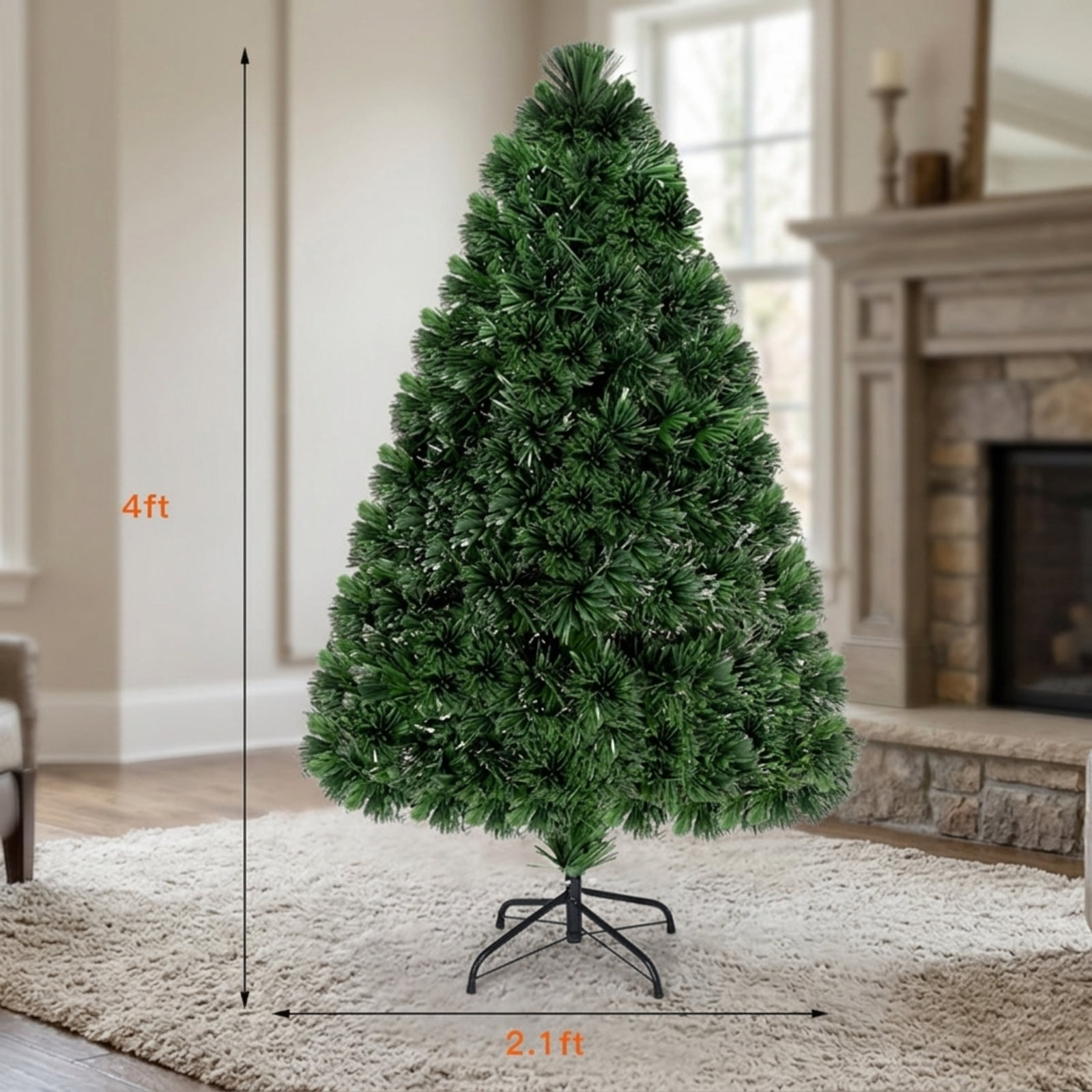 RUIE, 4 ft, Pre-Lit Artificial Christmas Tree, Small Fiber Optic Tree, 125 Branch Tips, Green, Hinged Branches for Christmas Party Living Room Decor