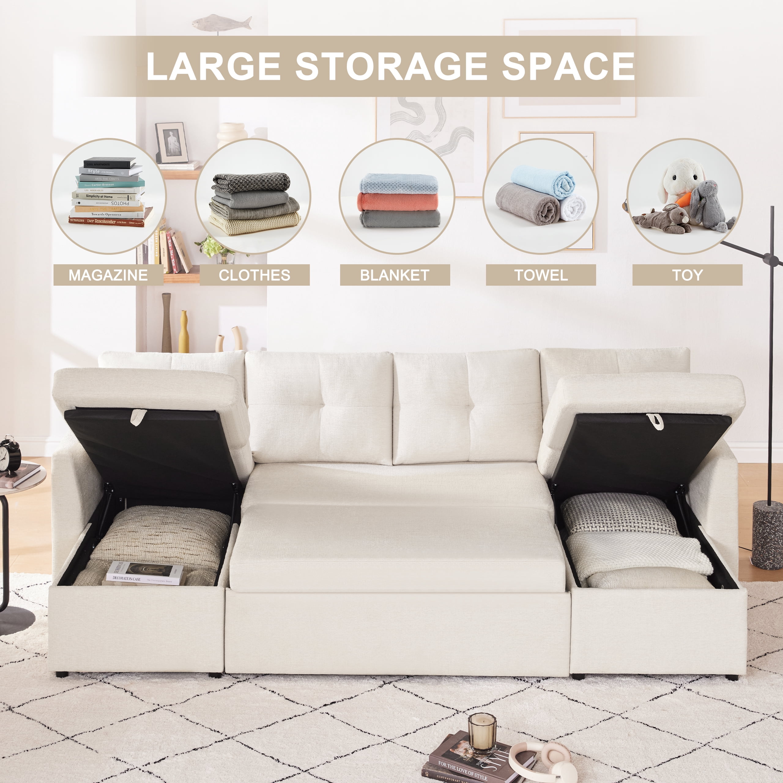 Weture Sectional Sleeper Sofa, 2 in 1 Pullout Couch Bed with Storage Chaise and Pillows, Side Pocket, Beige