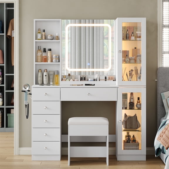 Makeup table, equipped with LED mirror, 2 cabinets, 6 drawers, bedroom makeup table with power socket and makeup stool, 3 color modes, adjustable brightness, glass surface, white