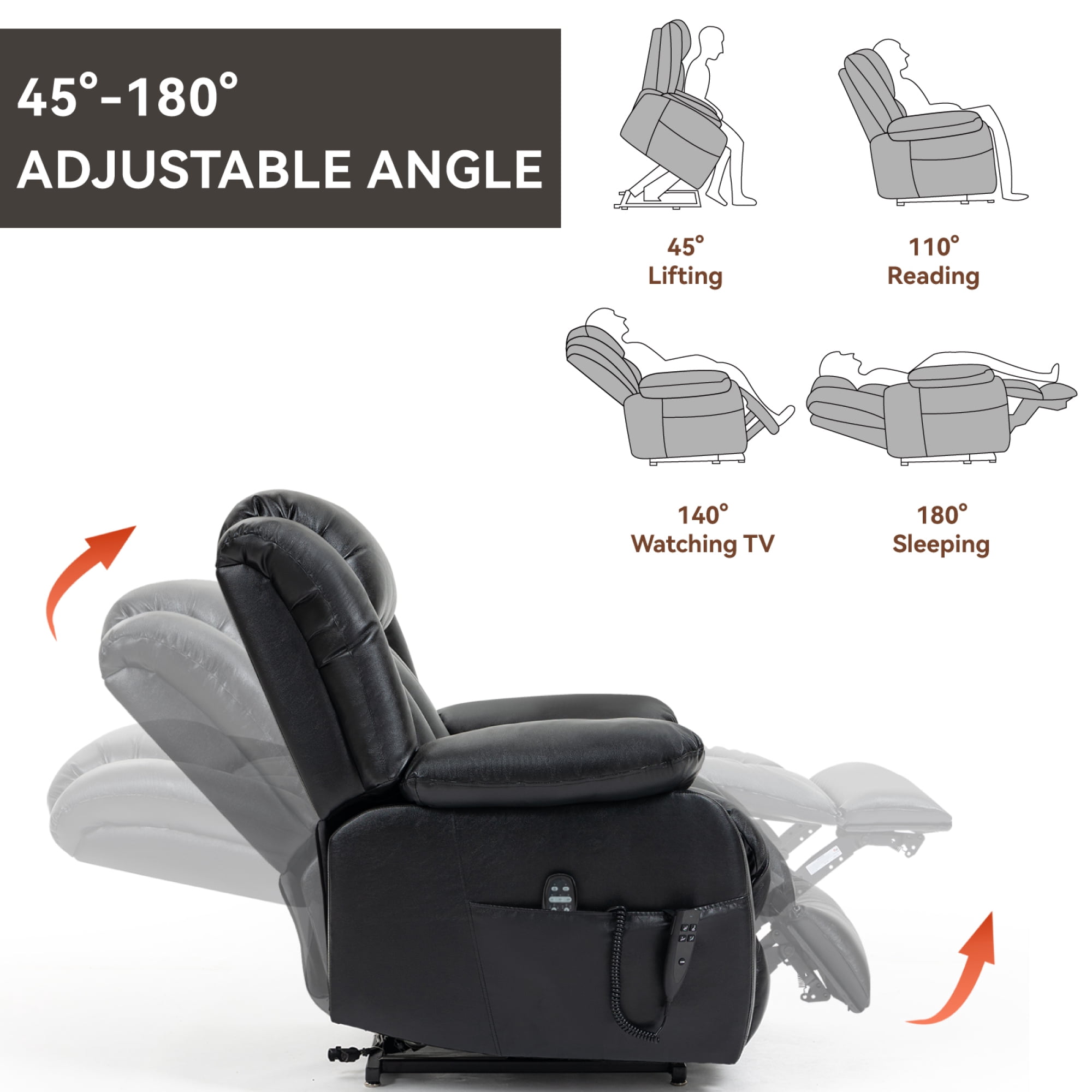 Leumius Power Lift Recliner Chair for Elderly with Vibration Massage and Lumbar Heating,Electric Recliner Single Sofa with Side Pocket for Living Room,Black