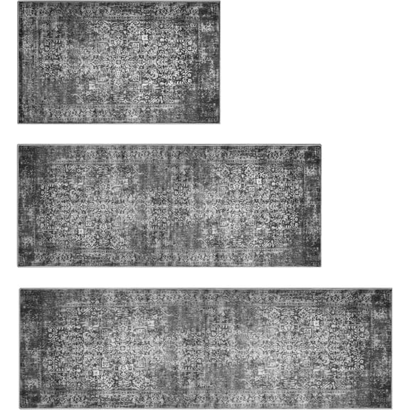 Kitchen Rugs Sets of 3 Non Slip Washable Kitchen Mats for Floor 3 Piece Set Turquoise Black Boho Kitchen Mat Set Kitchen Runner Rug Carpet for Laundry Room Front Door