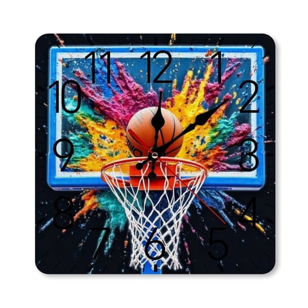 RKSupls 10×10inch Square Silent Wall Clock Wooden Frame, Basketball Hoop Color Burst Scale Decorative Clock for Home Bedroom Living Room Office