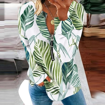 

Aueoeo Womens Fall Tops Long Sleeve Tops Women s Casual Printed Zipper V-Neck Long Sleeve T-Shirt Loose Top Shirt