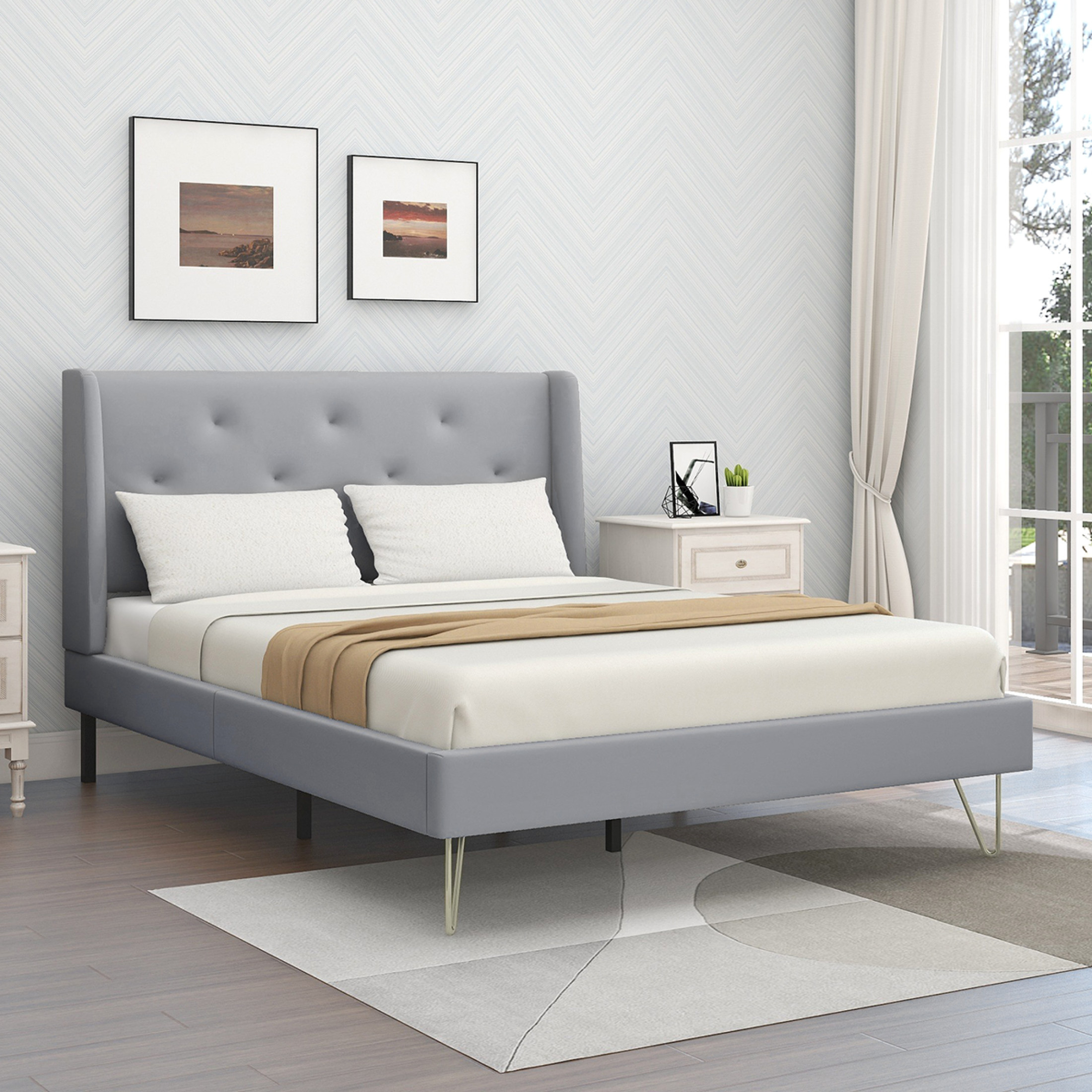 Upholstered Bed,Full Size,No Box Spring,Mondern Design.Metal Slat